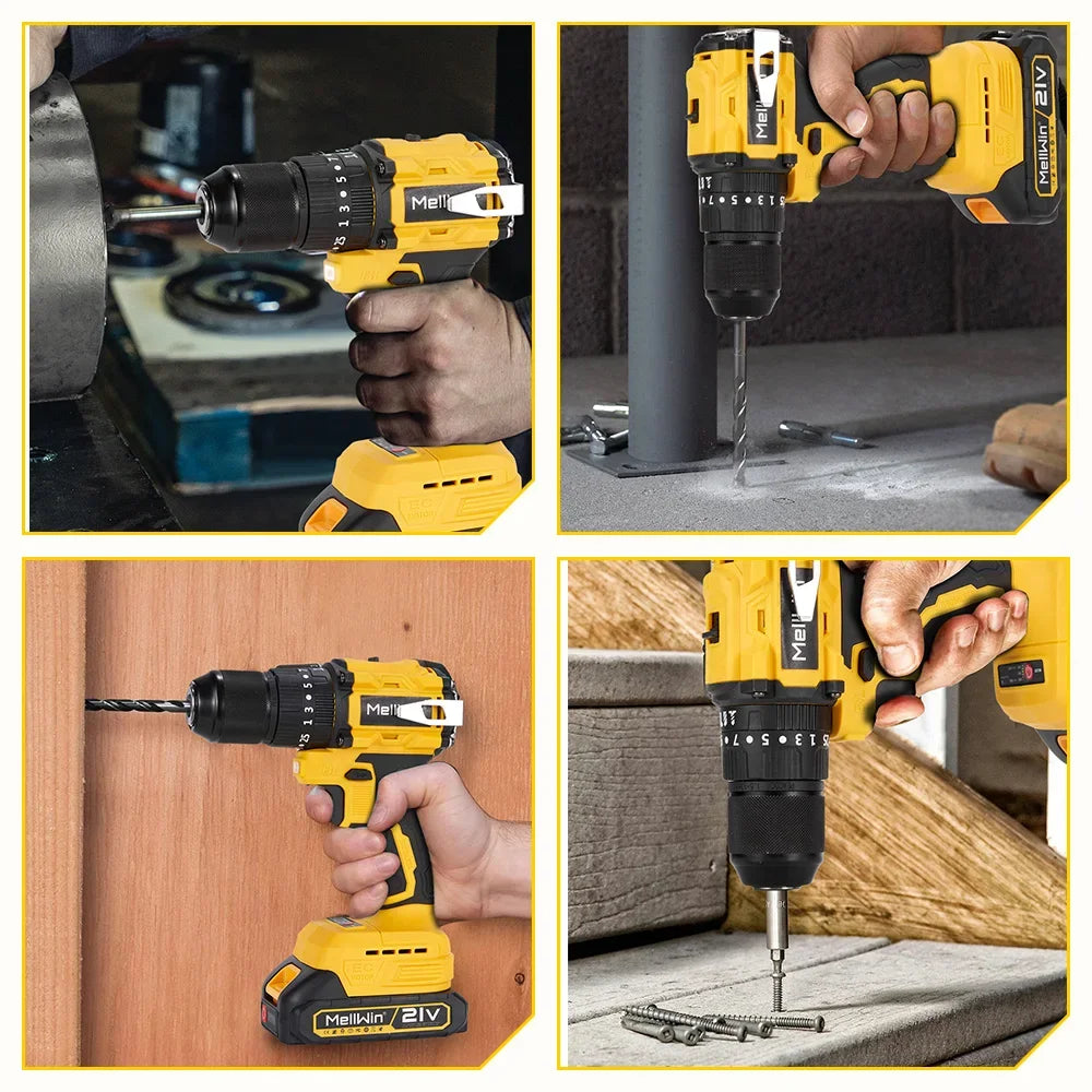 Makita Compatible 18V MELLWIN 13MM 25+3 Brushless Electric Hammer Drill Handheld Cordless Flat Drill Screwdriver Power Tools For Makita 18VBattery Pin