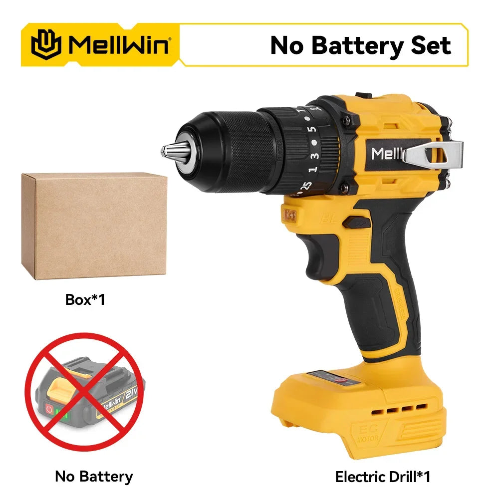 Makita Compatible 18V MELLWIN 13MM 25+3 Brushless Electric Hammer Drill Handheld Cordless Flat Drill Screwdriver Power Tools For Makita 18VBattery Pin