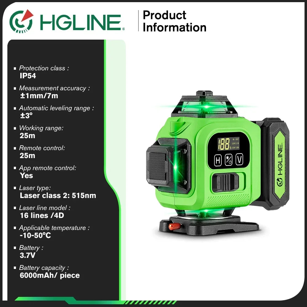 HGLINE JV 4D 16 Lines Professional Laser Level 4x360° Cross Horizontal Vertical Levels Machine APP Remote Control Laser Level Tool