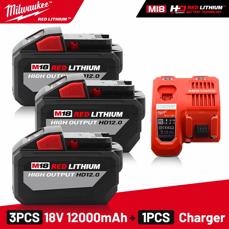 Milwaukee Original M18 12.0Ah 18V M18HB12 XC HD lithium battery- 1pk, 2pk and 3pk with charger options