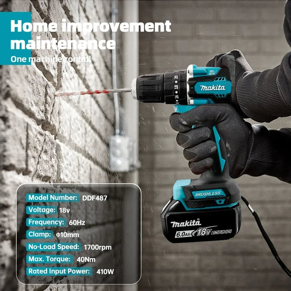 Makita Original 18V DDF487 Cordless Driver Drill Brushless Electric Impact Screwdriver Rechargeable Power Tool 18V