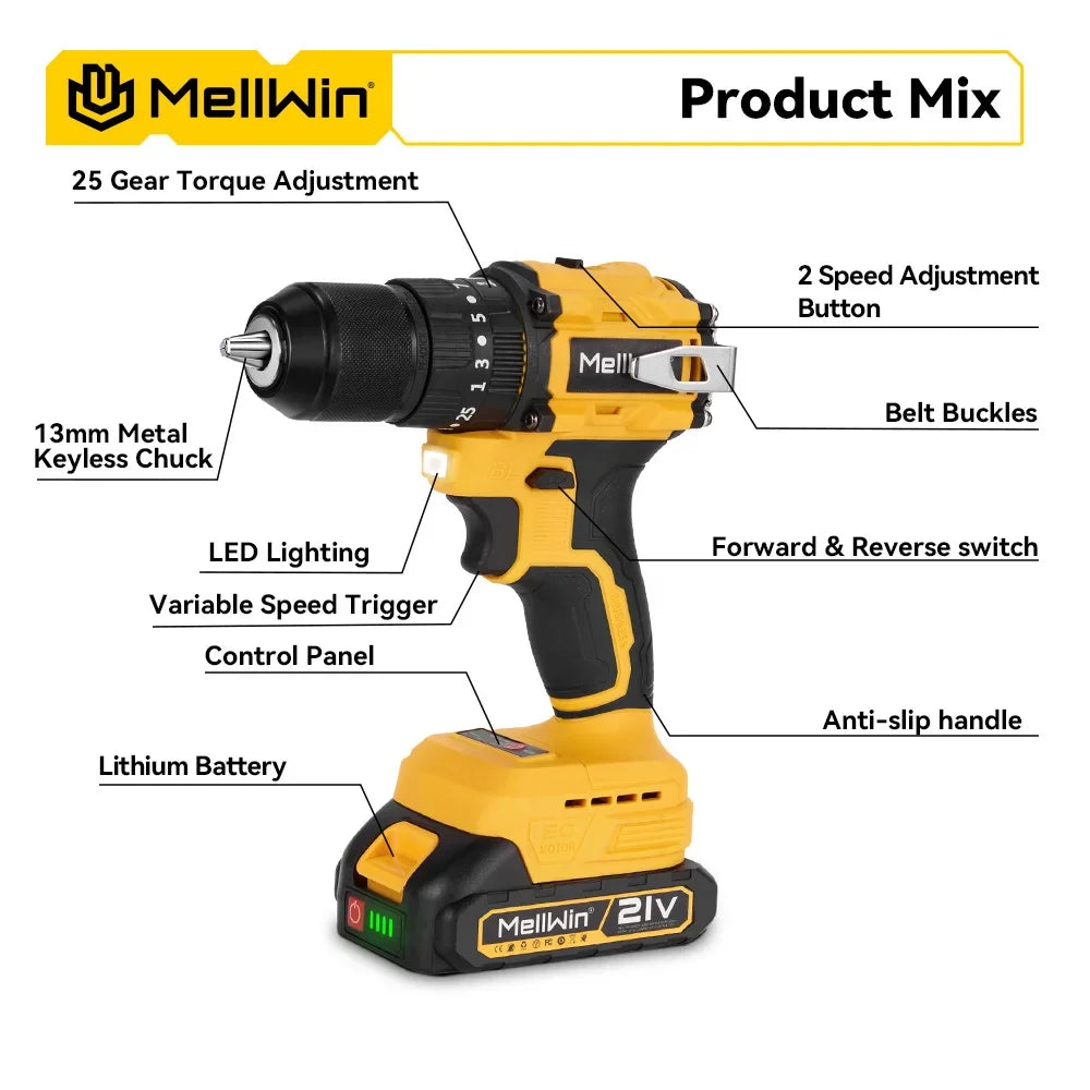 Makita Compatible 18V MELLWIN 13MM 25+3 Brushless Electric Hammer Drill Handheld Cordless Flat Drill Screwdriver Power Tools For Makita 18VBattery Pin