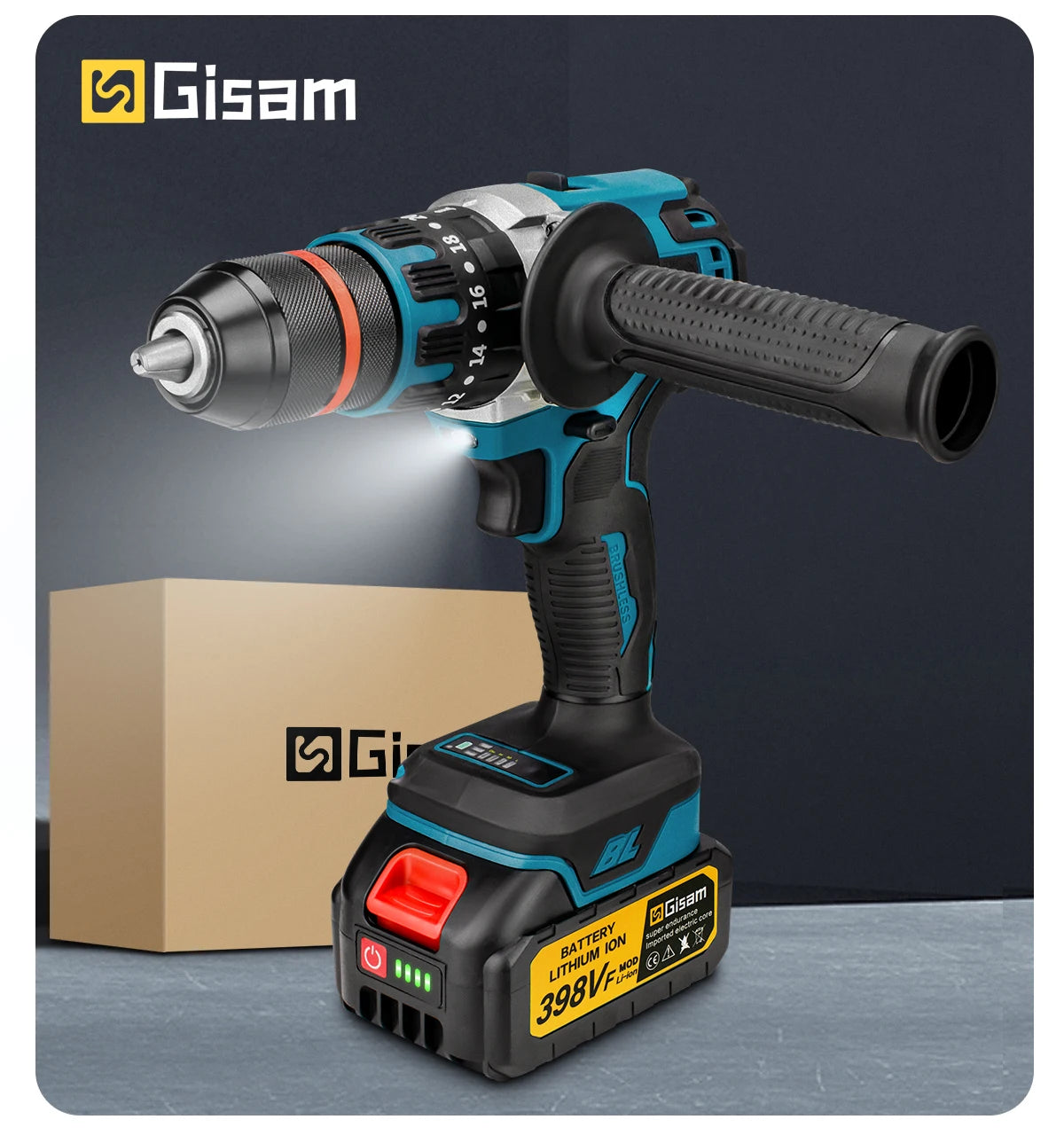 Makita Compatible 18V Gisam 13mm 480N.M Brushless Electric Impact Drill Cordless Drill Electric Screwdriver DIY Driver Power Tool for Makita 18V Battery Pin