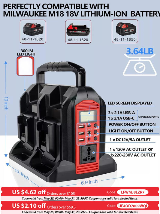 Milwaukee Compatible 18V JV 350W Power Supply Inverter For Milwaukee M18 18V Battery 4-Port to AC 110-120V/220-230V 300LM LED Light 4 USB Output for Outdoor