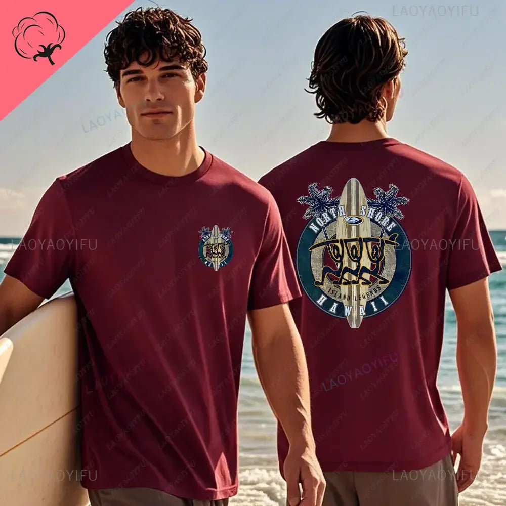Hawaiian Traditions North Shore JV Printed Hawaii Surfing Men Women White High Qulaty Cotton T-shirt Comfortable Beach-style Surf Tee Tops