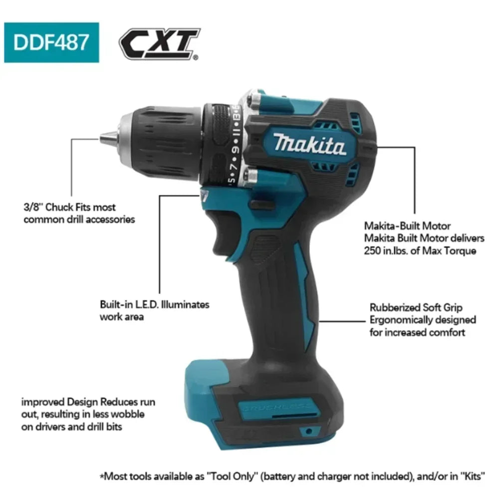 Makita Original 18V DDF487 Cordless Driver Drill Brushless Electric Impact Screwdriver Rechargeable Power Tool 18V