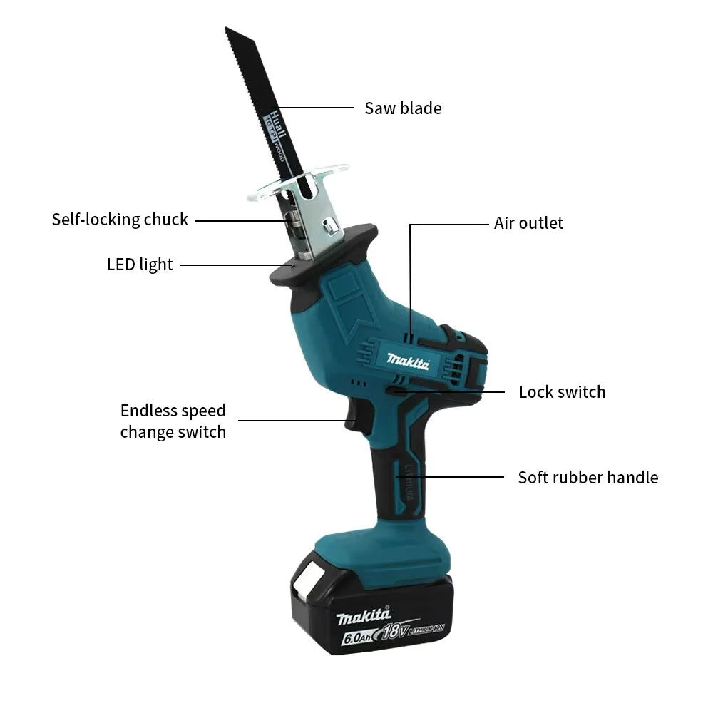 Makita-18V, ML-505 Brushless Cordless Reciprocating Saw, Portable Electric Chain Saw for Wood, Metal Pipe Cutting, Power Tool,