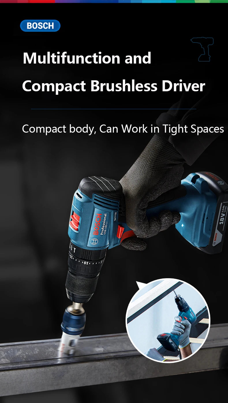 Bosch GSB 185-LI 18V Brushless Cordless Impact Drill 1900RPM Multifunctional Electric Screwdriver Power Tools Rotary Tool