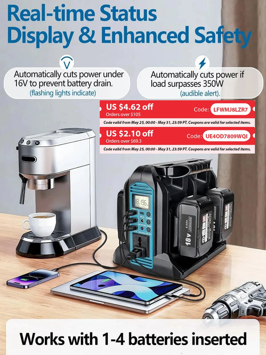 Makita Compatible 18V JV 350W Power Inverter for Makita 18V Battery DC 18V to AC 110-120V/220-230V Pure Sine Wave Battery Inverter for Camping Emergency