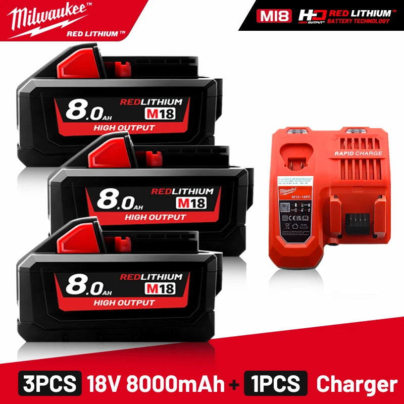 Milwaukee Original M18 8.0Ah 18V M18HB8 XC HD lithium battery- 1pk, 2pk and 3pk with charger options