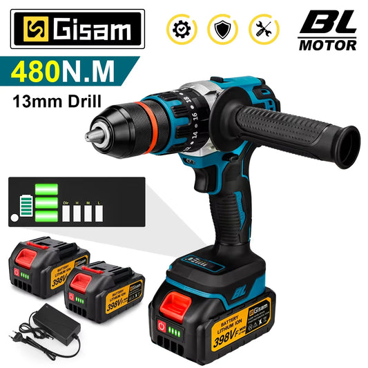 Makita Compatible 18V Gisam 13mm 480N.M Brushless Electric Impact Drill Cordless Drill Electric Screwdriver DIY Driver Power Tool for Makita 18V Battery Pin