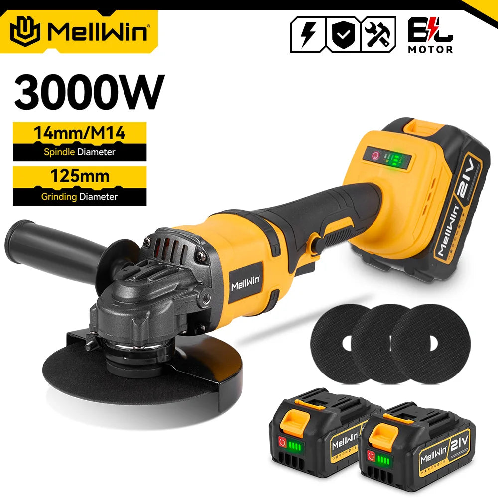 Makita Compatible 18V MELLWIN 125MM Brushless Electric Angle Grinder M14 Cordless Metal Wood Grinding Polishing Cutting Tool For Makita 18VBattery Pin