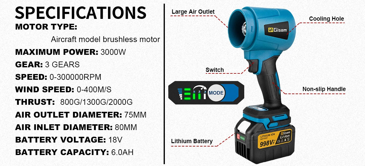 Makita Compatible 18V JV Gisam 300000RPM Brushless Electric Turbo Blowers Jet Fan 400M/S Handheld Leaf Blower Dust Blowing for Makita 18V Battery Pins