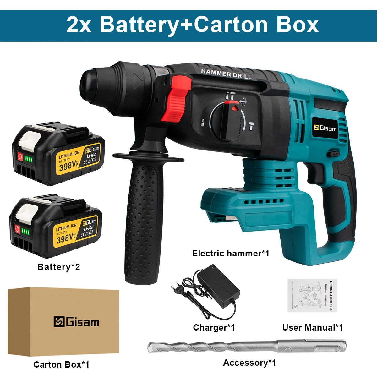 Makita Compatible 18V Gisam 26MM Brushless Electric Hammer Drill Multifunctional Cordless Rotary Hammer Impact Drill Tool For Makita 18V Battery Pin