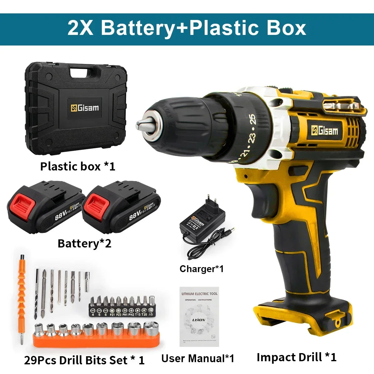 Makita Compatible 18V JV Gisam Cordless Impact Drill set with 2x batteries and charger Electric Screwdriver Rechargeable Handheld Hammer Drill Power Tool 25+3 Torque Driver Li-ion Battery
