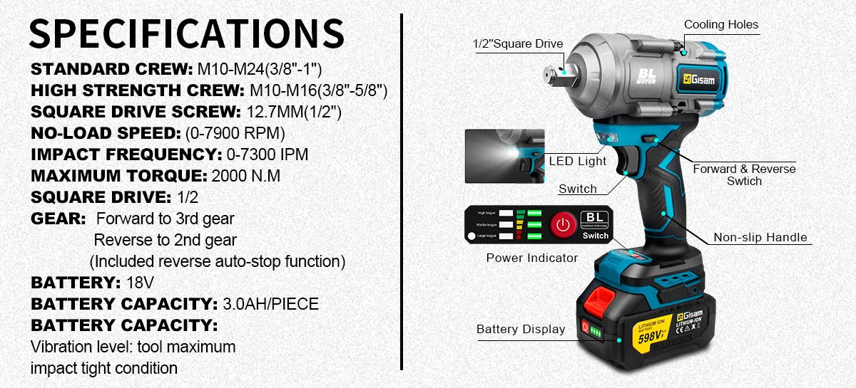 Makita 18V Compatible Gisam 2000N.M Torque Brushless Electric Impact Wrench 1/2 inch Screwdriver Cordless Wrench Power Tool For Makita 18V Battery Pin