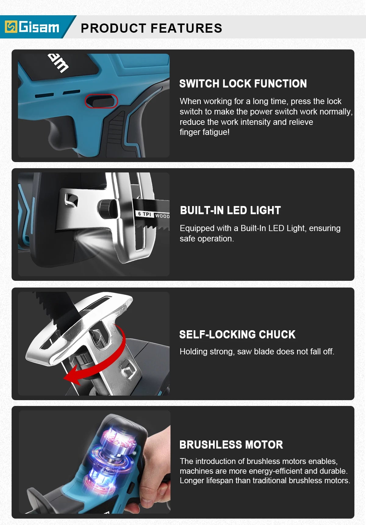 Makita Compatible 18V Gisam 12000Spm 3600W Brushless Reciprocating Saw Cordless Electric Chainsaw Wood Metal Cutting Tools For makita 18v battery pins