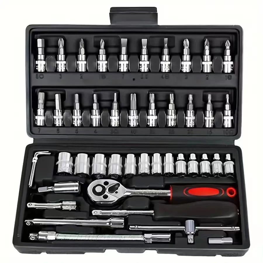 Socket set 46-piece set 1/4 ratchet wrench with hexagonal sleeve wrench set Automobile repair tool complete set Quick tool Quick repair