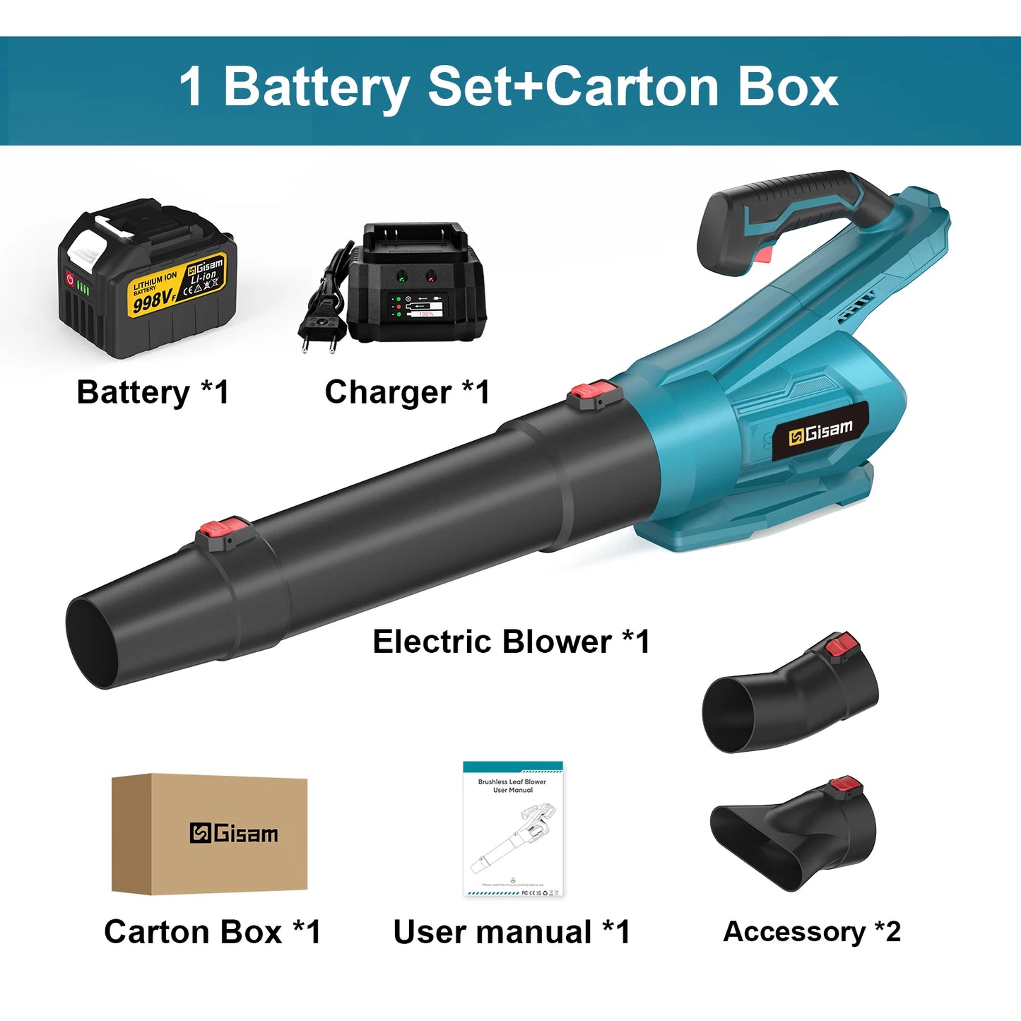Makita Compatible 18V Gisam 2000W Brushless Electric Air Blower Cordless Leaf Blower Leaves Snow Dust Cleaning Tool Fit For Makita 18V Battery Pins
