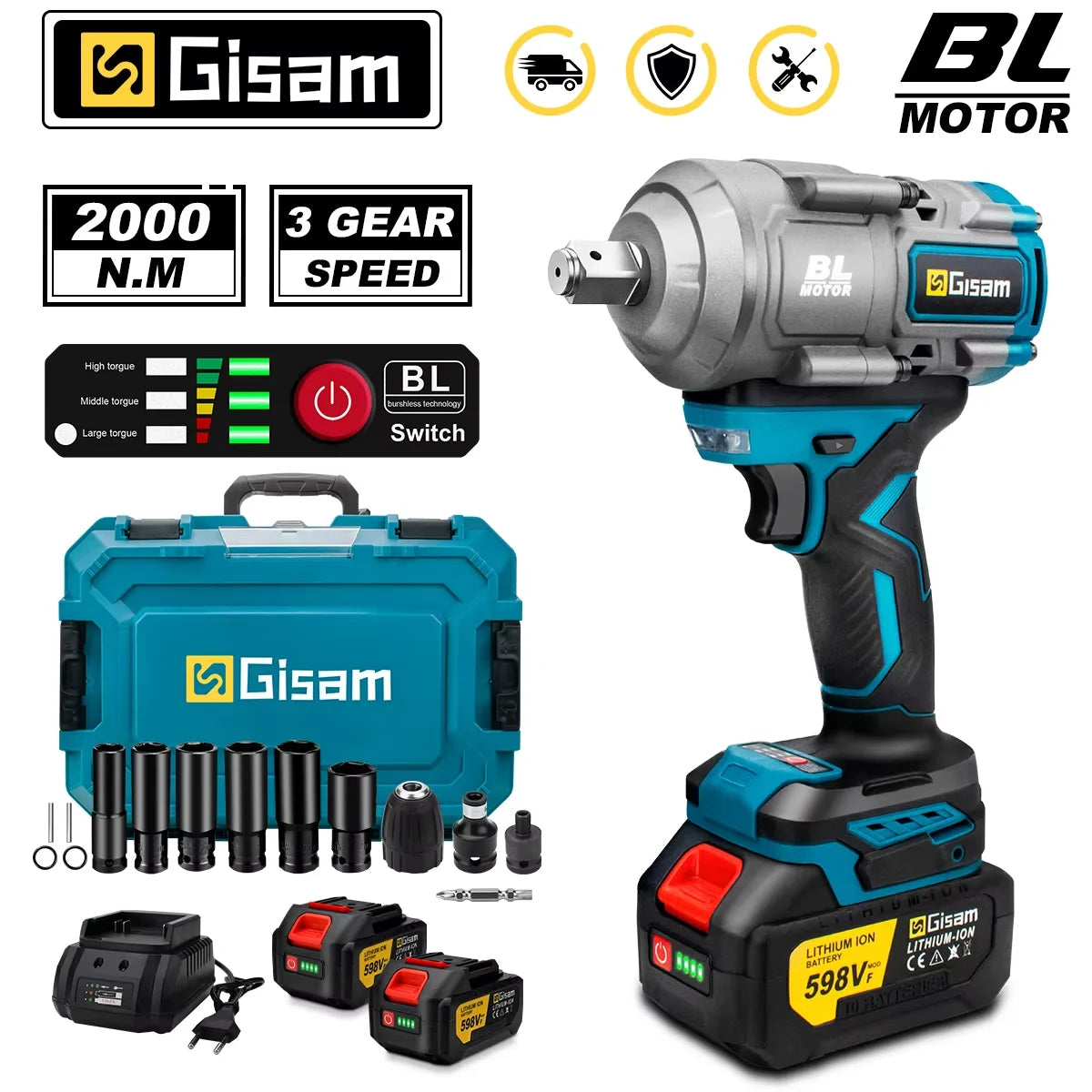 Makita 18V Compatible Gisam 2000N.M Torque Brushless Electric Impact Wrench 1/2 inch Screwdriver Cordless Wrench Power Tool For Makita 18V Battery Pin
