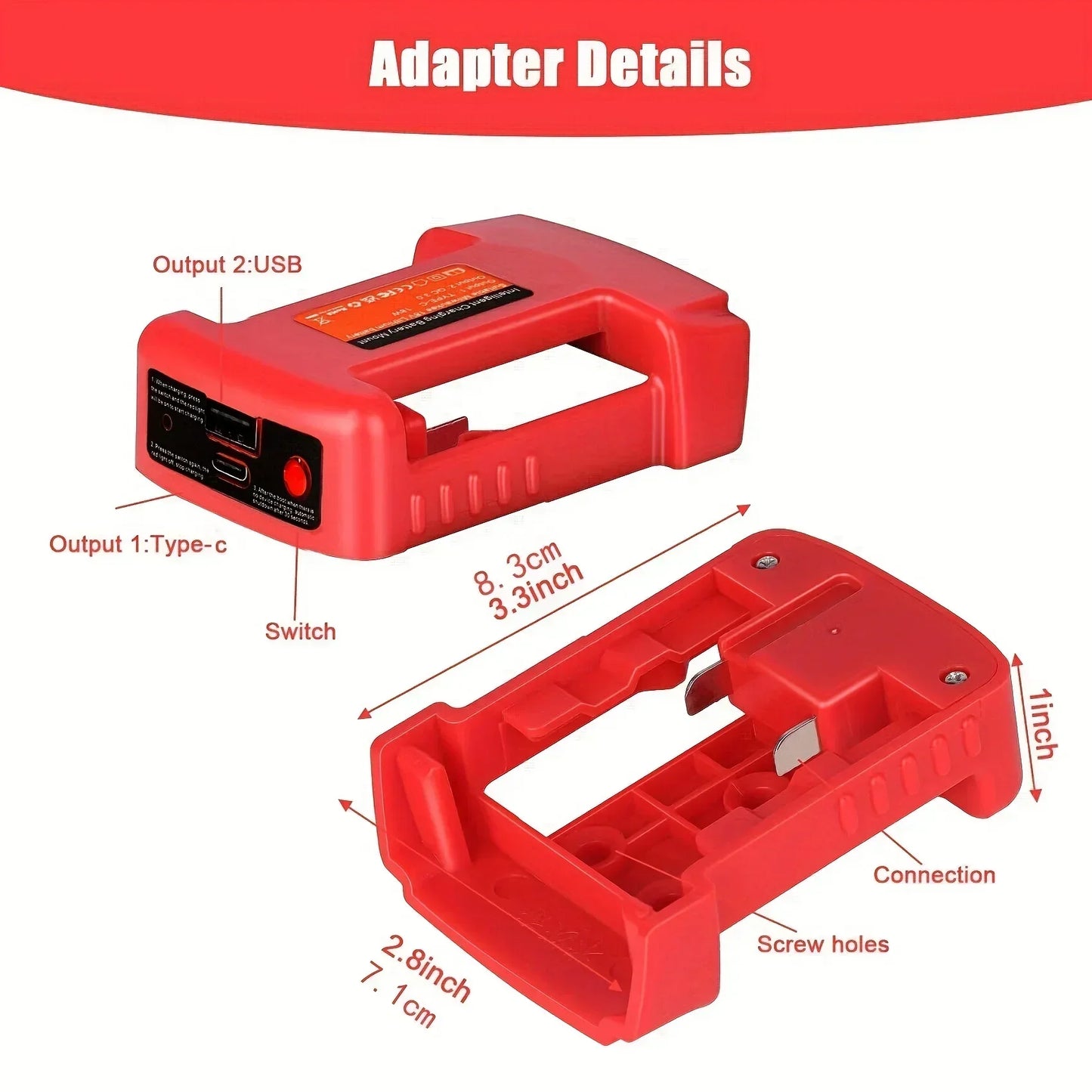 Milwaukee Compatible USB Charger Adapter Compatible For Milwaukee M18 18V Battery, Dual Output Port With USB And Type-C Charging Interface