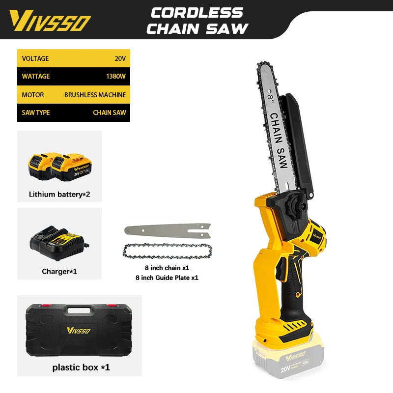 DeWalt Compatible JV 18V 20V Max VIVSSO Electric Chain Saw Rechargeable Woodworking Saw 8 Inch Mini Chain Saw Garden Pruning Saw Tool For Dewalt 20v Battery Pins