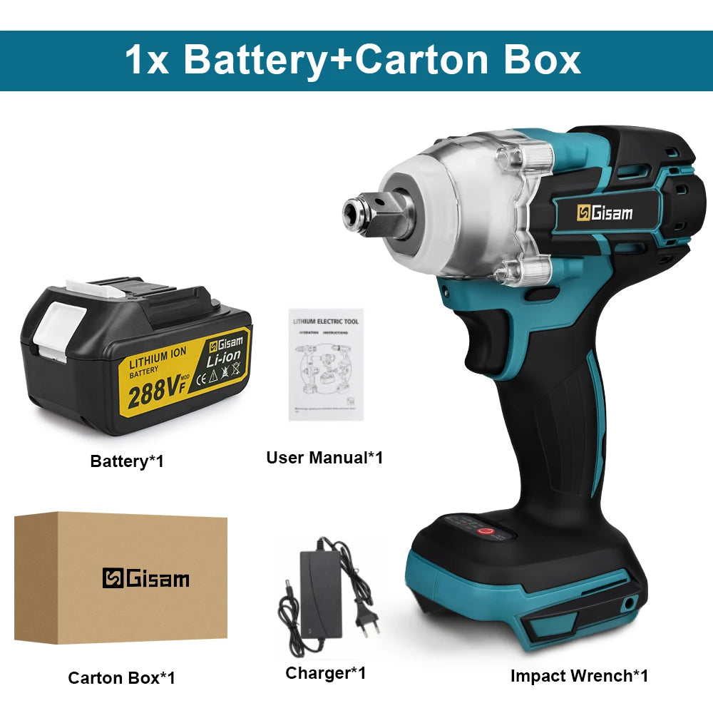 Makita 18V compatible Gisam 520N.M Brushless Electric Impact Wrench Cordless Electric Wrench 1/2inch for Makita 18V Battery Pin Screwdriver Power Tool