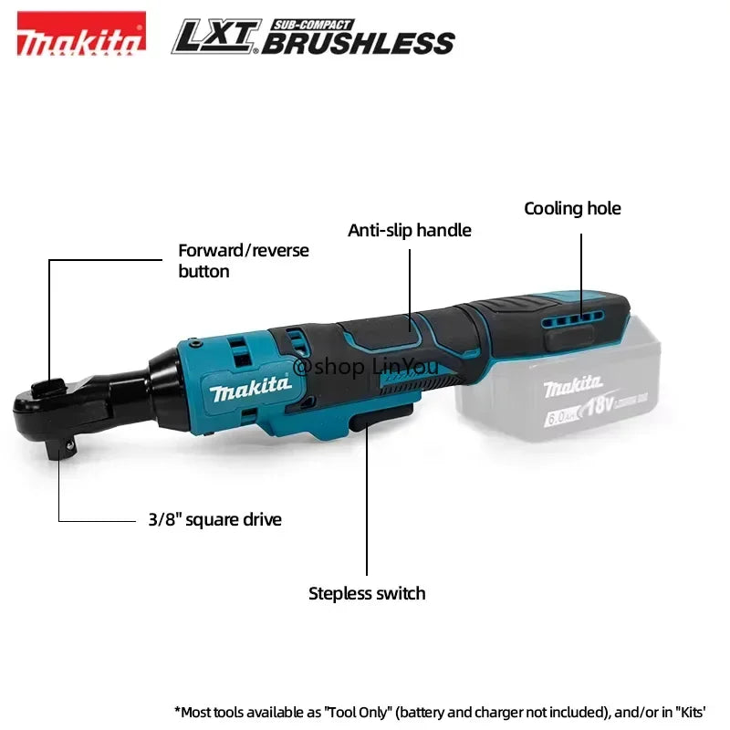 Makita 18V 1/2 or 3/8 Brushless Ratchet Right Angle Wrench Cordless Driver Multifunction Variable Speed Power Wrench LED Power Tools