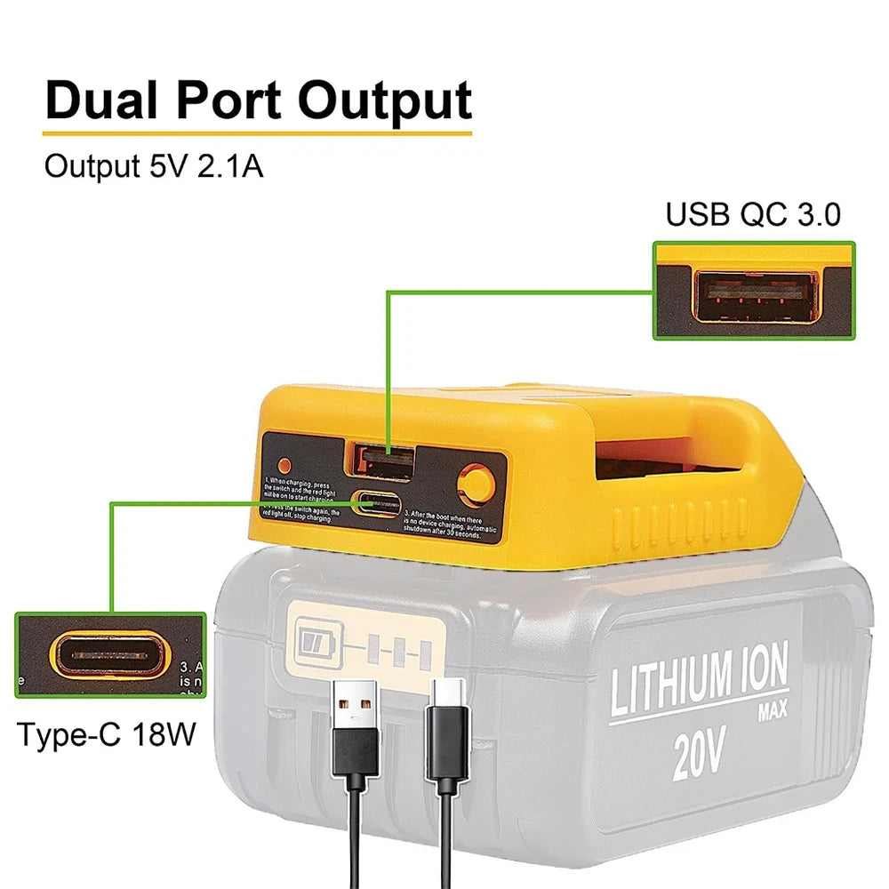 DeWalt compatible USB 18V 20V Adapter With Dual Output Interface For DEWALT 18V 20V Battery DCB200 Batteries