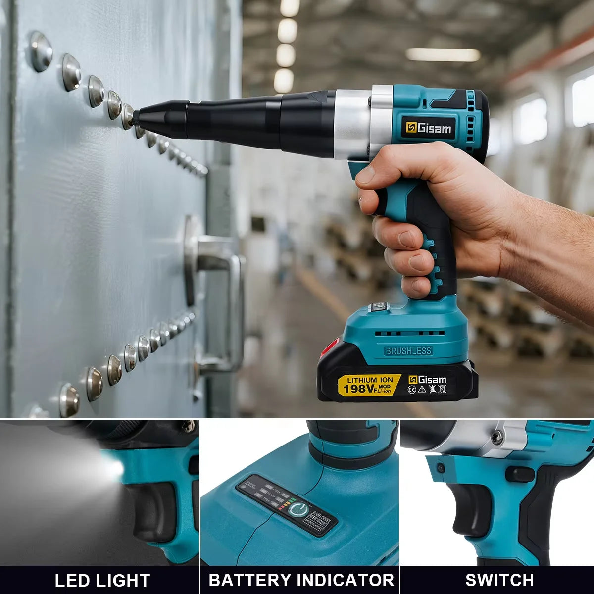 Makita compatible 18V Gisam 25000N Brushless 18V Electric Rivet Gun Cordless Rivet Nut Gun Drill Insert Automatic Riveting Tool For Makita 18V Battery Pin