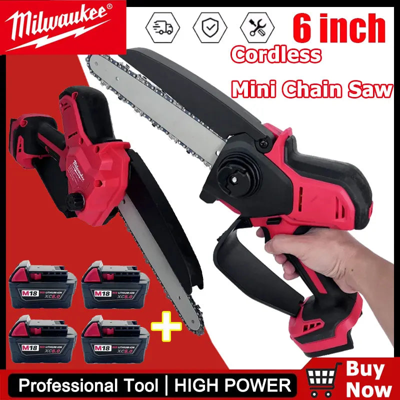 Milwaukee 18V TBW 6-inch mini–Chain Saw Mini Cordless Electric Saw Handheld Garden Logging Chainsaw Wood Cutting Power Tool For 18V Battery