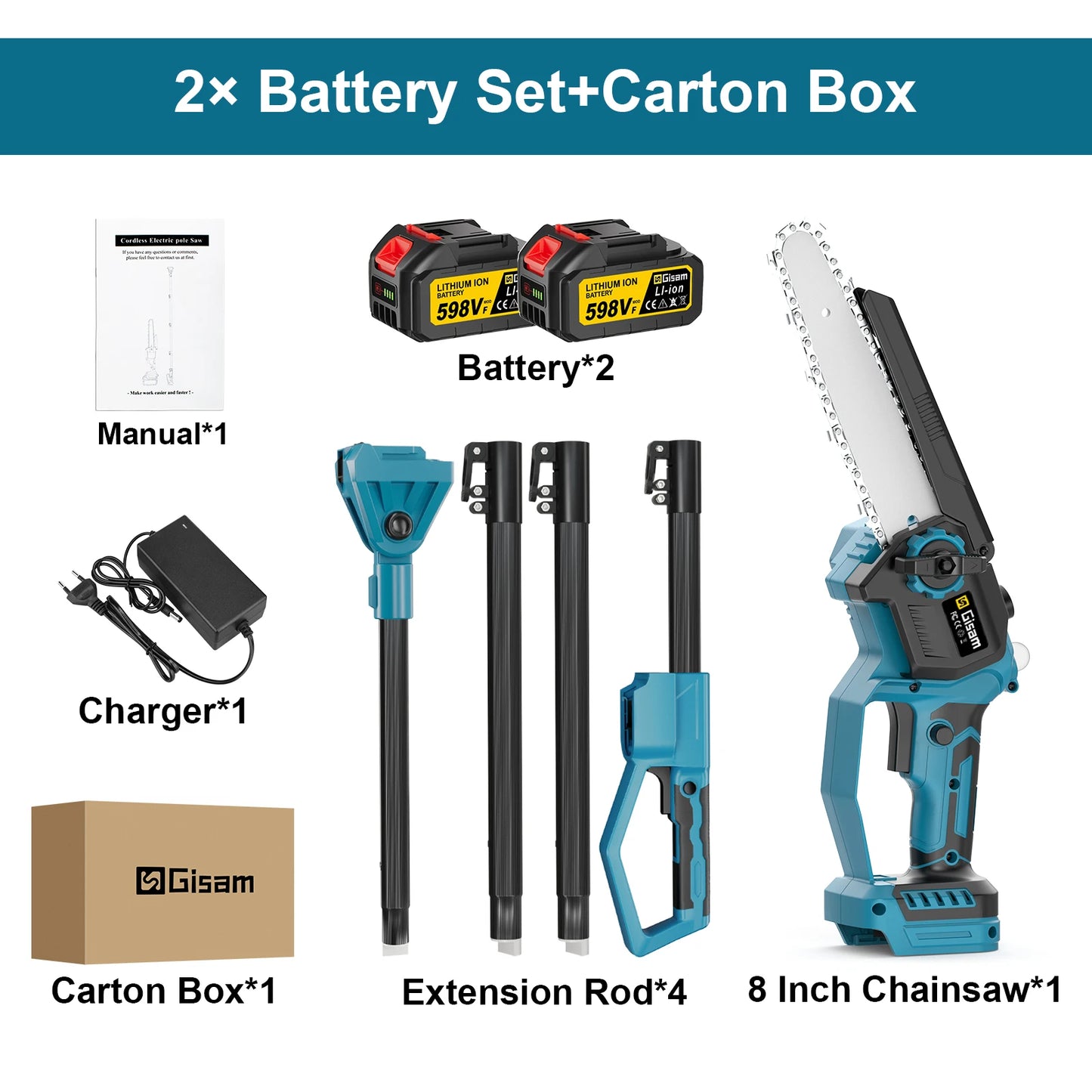 Makita 18V compatible Gisam 8Inch Brushless Telescoping Pole Electric Chainsaw High Branch Saw Garden Pruning Power Tool For Makita 18V Battery Pin