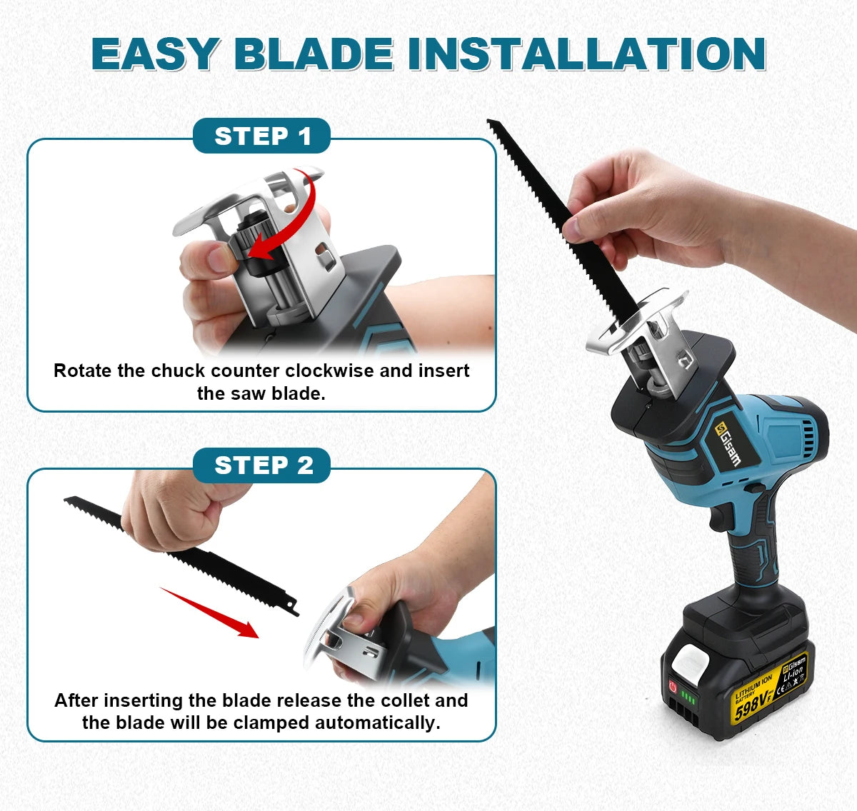 Makita Compatible 18V Gisam 12000Spm 3600W Brushless Reciprocating Saw Cordless Electric Chainsaw Wood Metal Cutting Tools For makita 18v battery pins