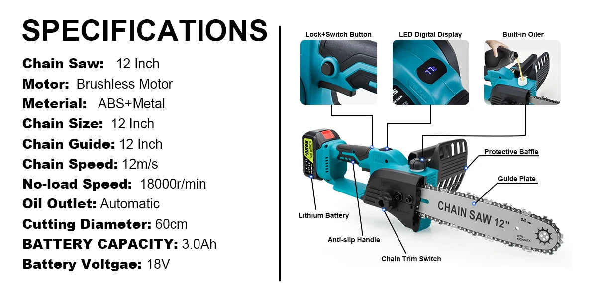 Makita Compatible 18V Gisam 12 Inch Brushless Electric Chain Saw With Oiler Cordless Handheld Chainsaw Graden Pruning Saw Power Tools for Makita 18V Battery