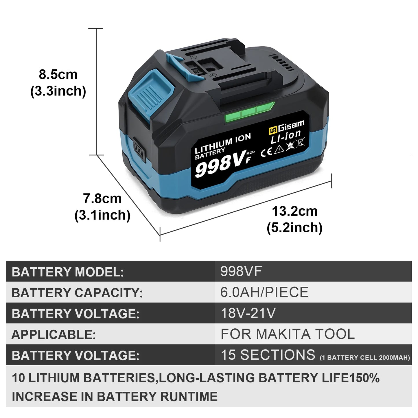Makita Compatible 18V Gisam Rechargeable Battery 4.0AH 6.0AH Power Tool Lithium battery Led indicator batteries Pack For Makita 18v Battery Pins