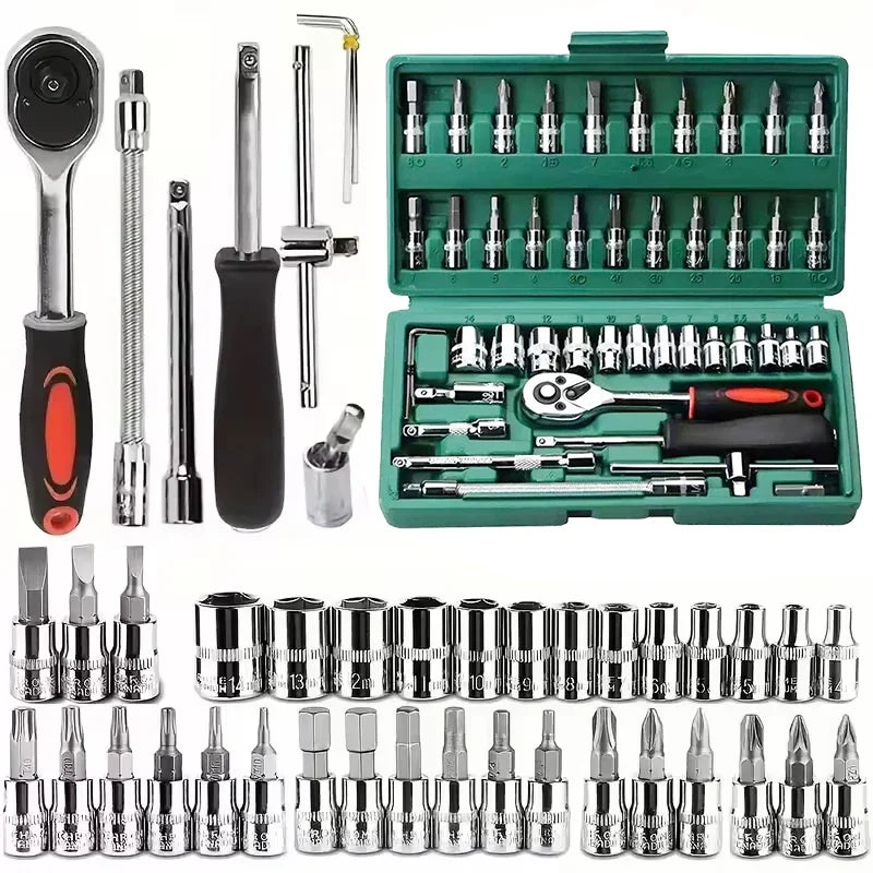 Socket set 46-piece set 1/4 ratchet wrench with hexagonal sleeve wrench set Automobile repair tool complete set Quick tool Quick repair