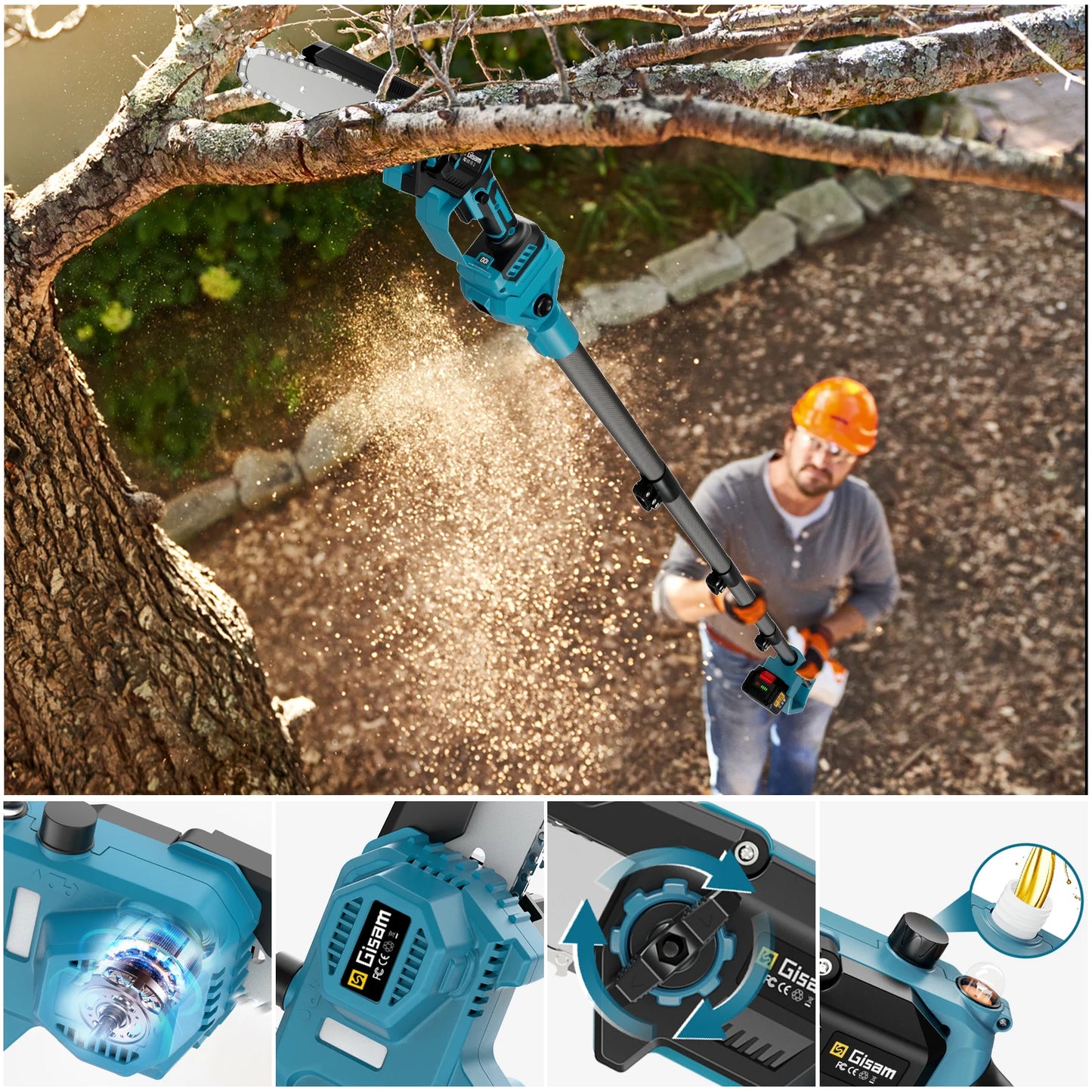 Makita 18V compatible Gisam 8Inch Brushless Telescoping Pole Electric Chainsaw High Branch Saw Garden Pruning Power Tool For Makita 18V Battery Pin