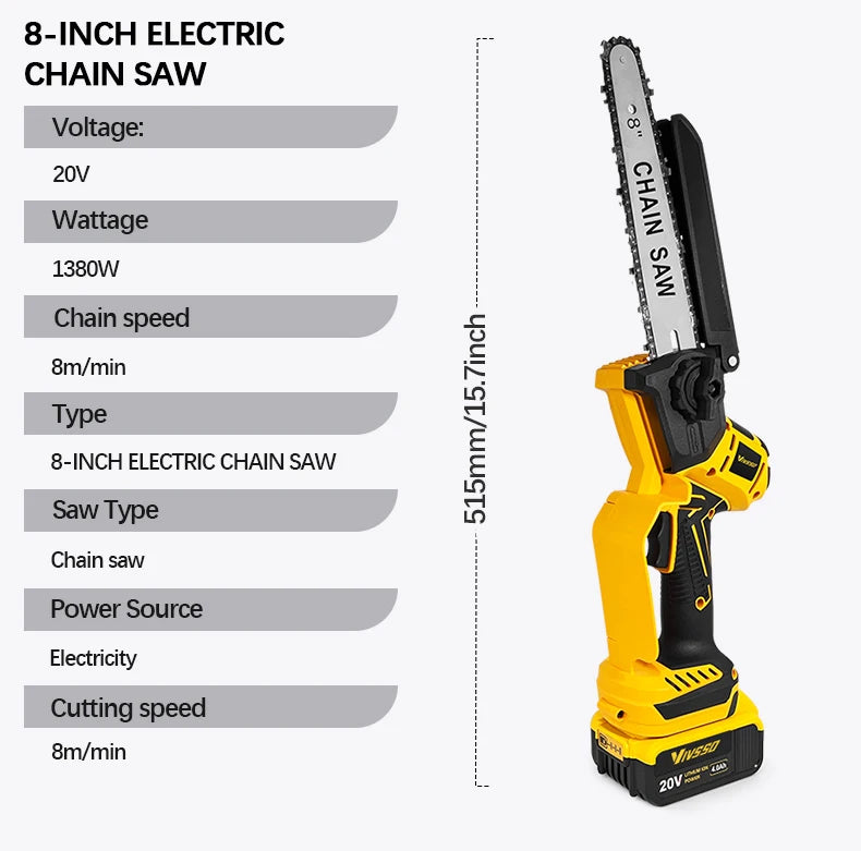 DeWalt Compatible JV 18V 20V Max VIVSSO Electric Chain Saw Rechargeable Woodworking Saw 8 Inch Mini Chain Saw Garden Pruning Saw Tool For Dewalt 20v Battery Pins