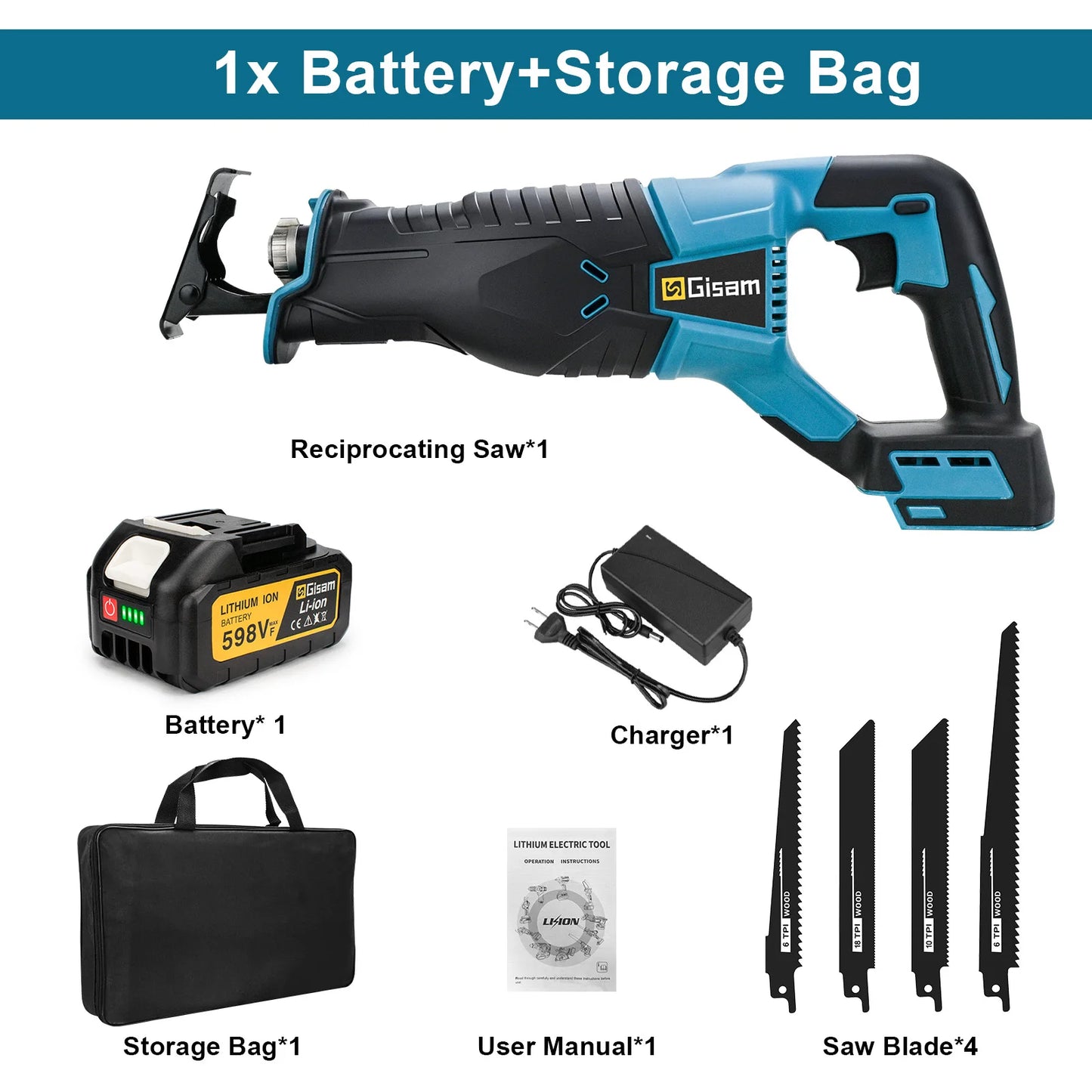 Makita Compatible 18V Gisam 3000W 10000SPM Electric Reciprocating Saw Electric Chainsaw Saber Saw Portable Cordless Tool For makita 18v battery pin