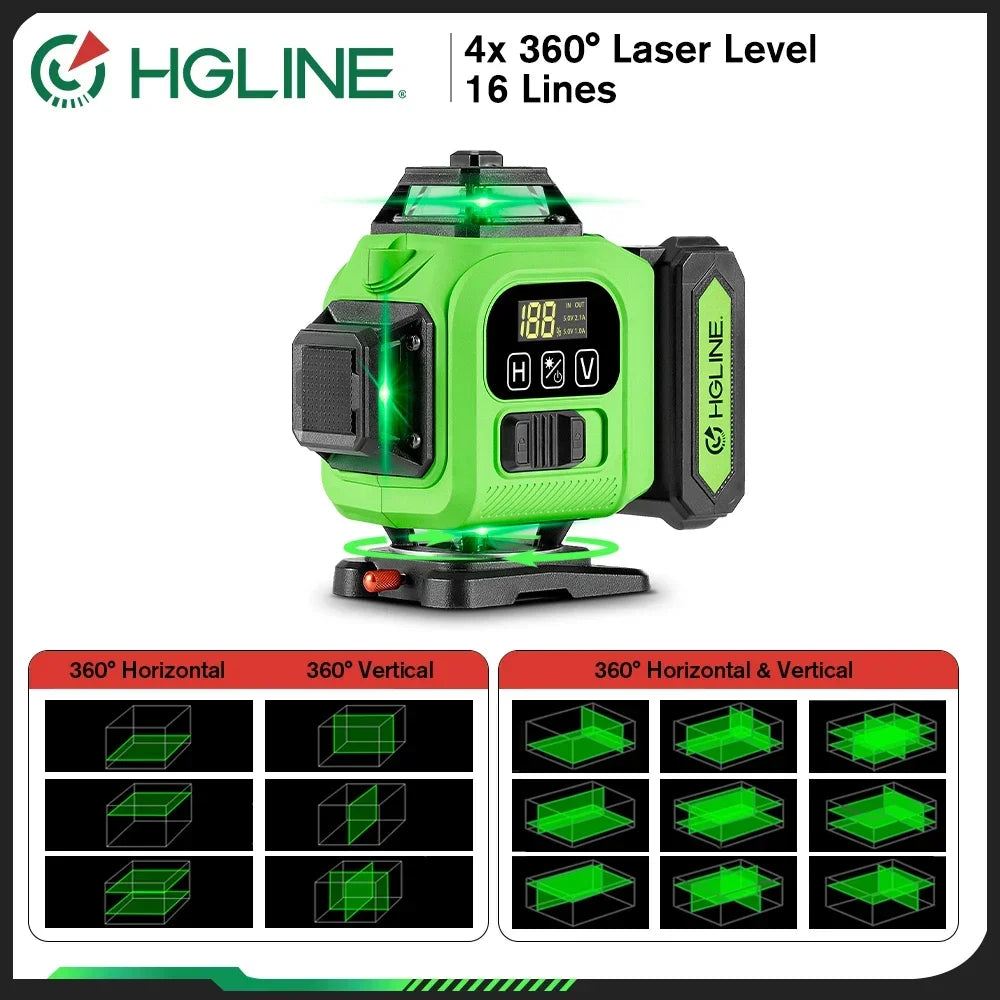 HGLINE JV 4D 16 Lines Professional Laser Level 4x360° Cross Horizontal Vertical Levels Machine APP Remote Control Laser Level Tool