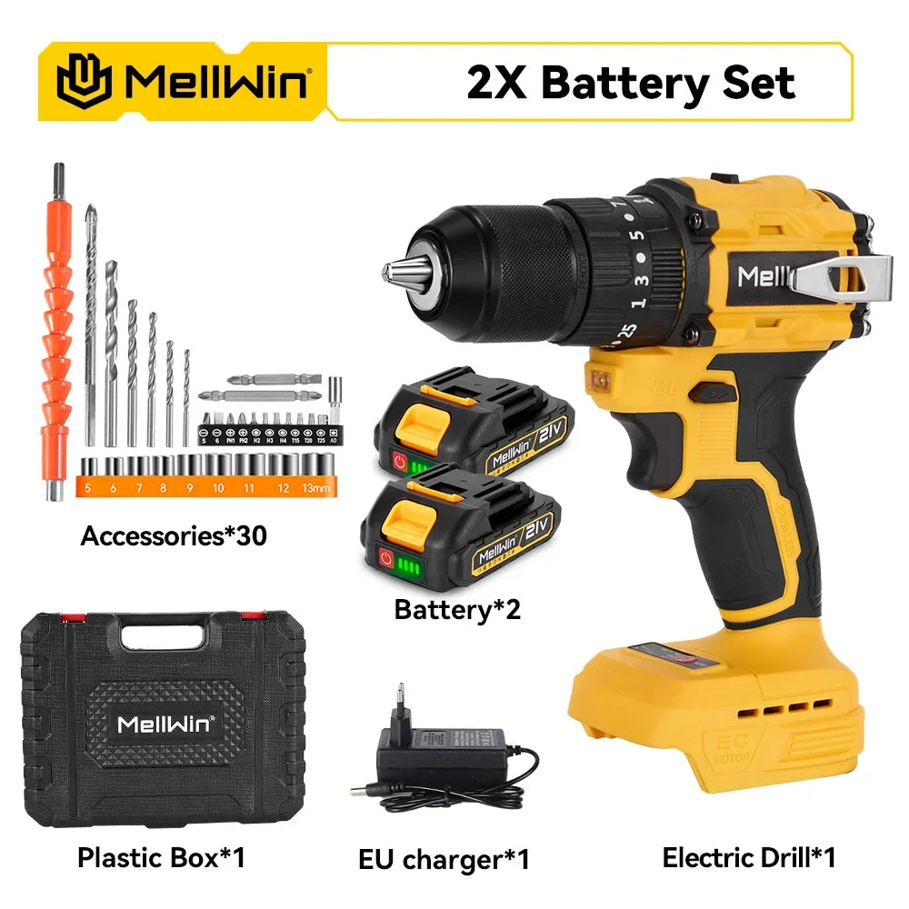 Makita Compatible 18V MELLWIN 13MM 25+3 Brushless Electric Hammer Drill Handheld Cordless Flat Drill Screwdriver Power Tools For Makita 18VBattery Pin
