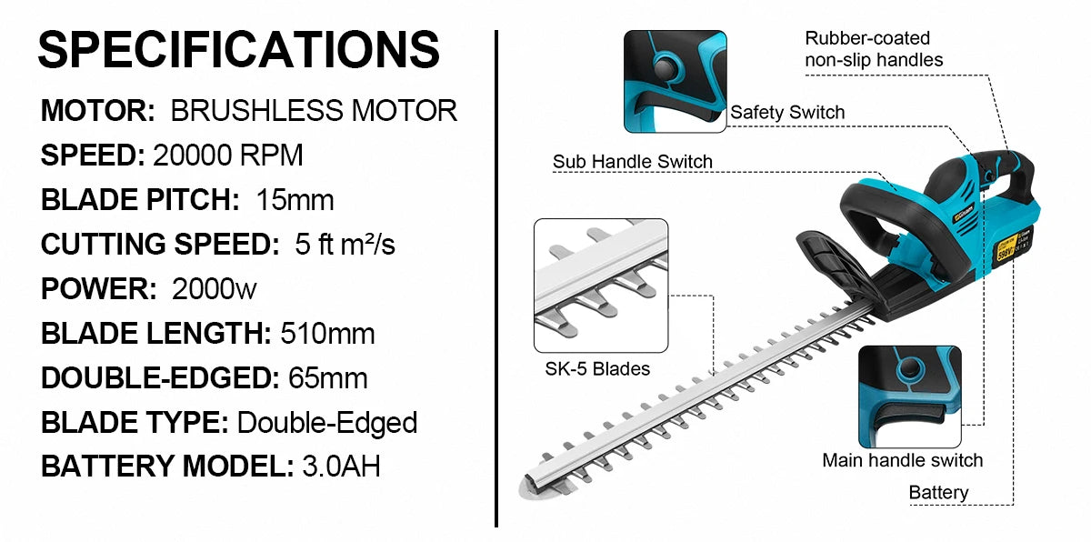 Makita Compatible 18V JV Gisam 20000RPM Brushless Electric Hedge Trimmer Lawn Mower Garden Landscaping Hedge Pruner Trimmer For Makita 18V Battery Pin