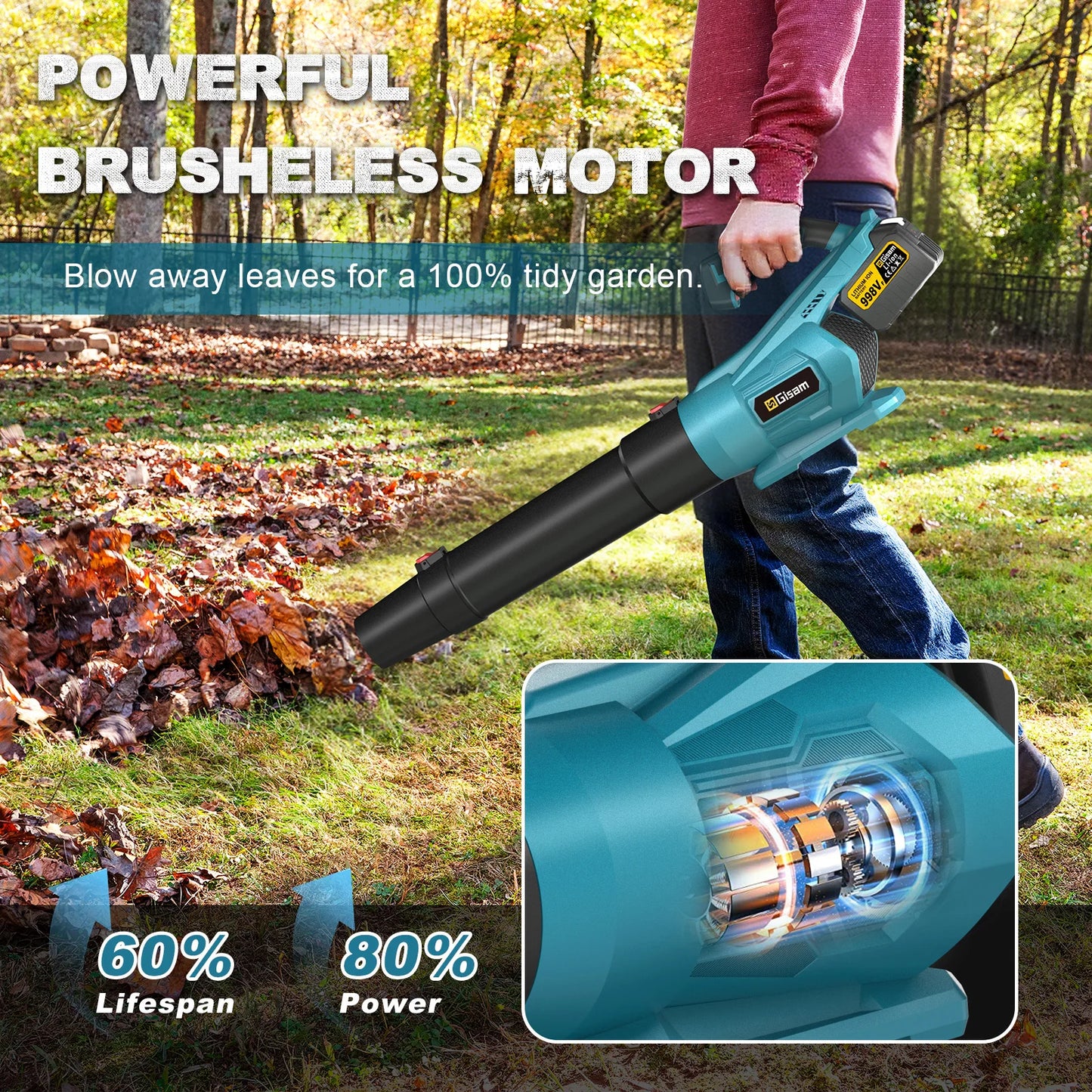 Makita Compatible 18V Gisam 2000W Brushless Electric Air Blower Cordless Leaf Blower Leaves Snow Dust Cleaning Tool Fit For Makita 18V Battery Pins