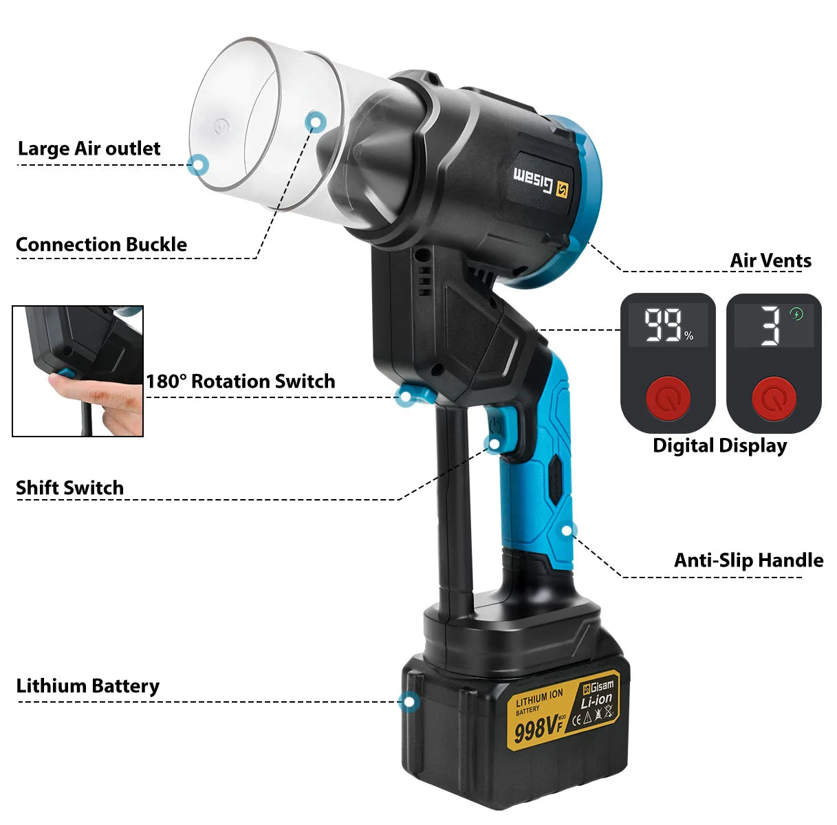 Makita Compatible 18V Gisam 35000RPM Brushless Electric Air Blower 2in1 Turbo Blower Fan Leaf Dust Snow Blowing Clean Tool For Makita 18V Battery Pin
