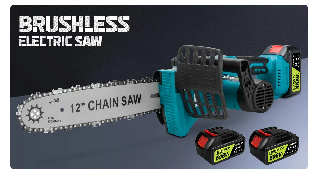 Makita Compatible 18V Gisam 12 Inch Brushless Electric Chain Saw With Oiler Cordless Handheld Chainsaw Graden Pruning Saw Power Tools for Makita 18V Battery