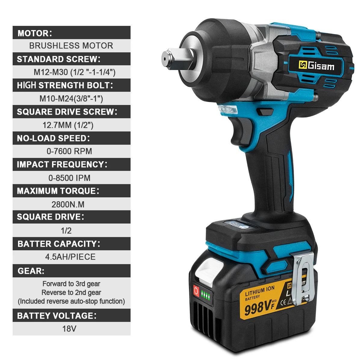 Makita 18V compatible Gisam 2800N.M Torque Brushless Electric Impact Wrench 1/2 inch Screwdriver Cordless Wrench Power Tool For Makita 18V Battery Pin