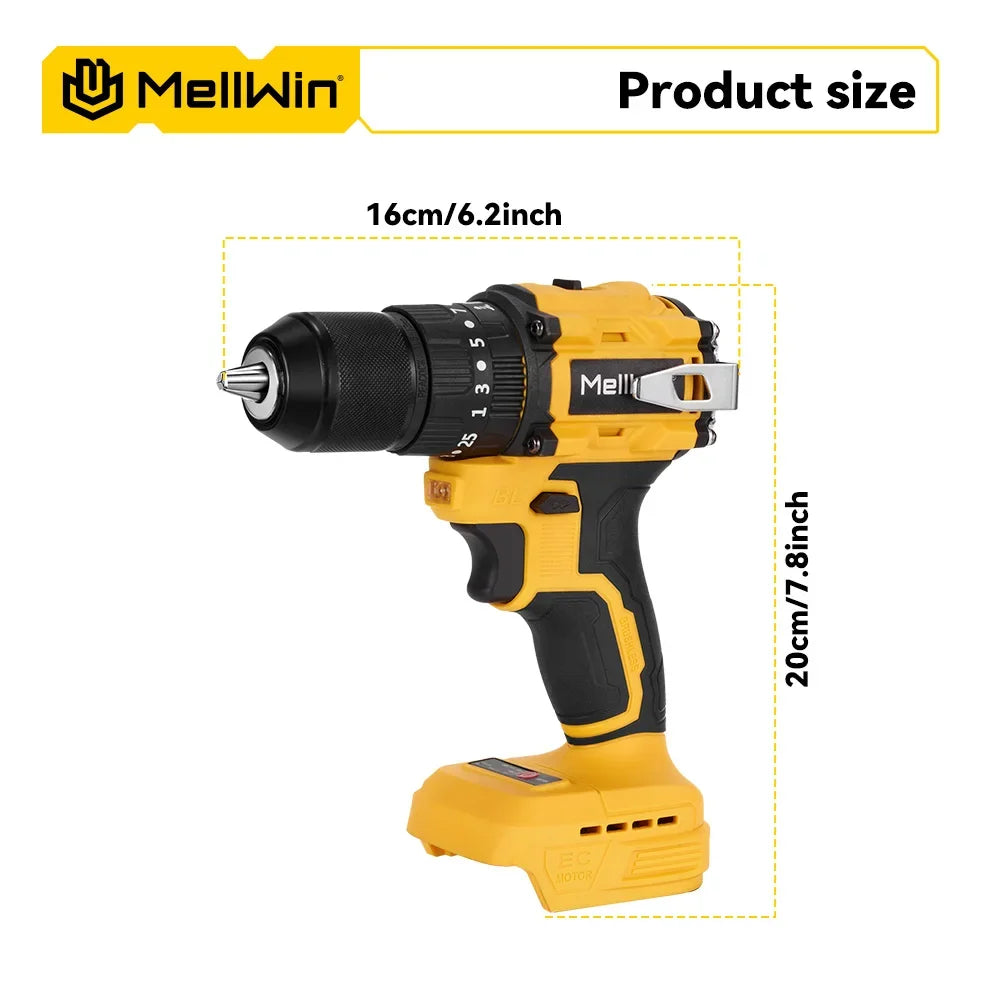 Makita Compatible 18V MELLWIN 13MM 25+3 Brushless Electric Hammer Drill Handheld Cordless Flat Drill Screwdriver Power Tools For Makita 18VBattery Pin