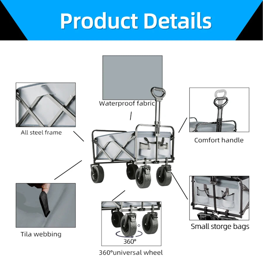 Trolley wagon JV Large Weight Capacity Heavy Duty Cart Collapsible Folding Beach Wagon with Big All-Terrain Wheels Outdoor Camping Equipment