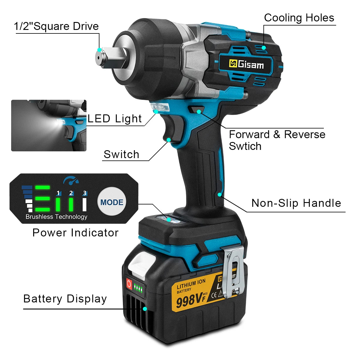 Makita 18V compatible Gisam 2800N.M Torque Brushless Electric Impact Wrench 1/2 inch Screwdriver Cordless Wrench Power Tool For Makita 18V Battery Pin