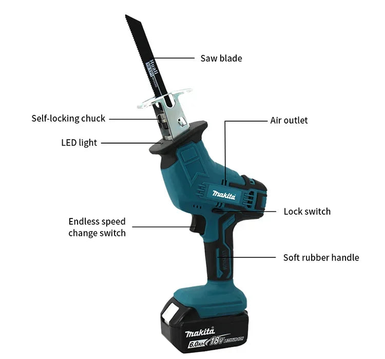 Makita-18V, ML-505 Brushless Cordless Reciprocating Saw, Portable Electric Chain Saw for Wood, Metal Pipe Cutting, Power Tool,